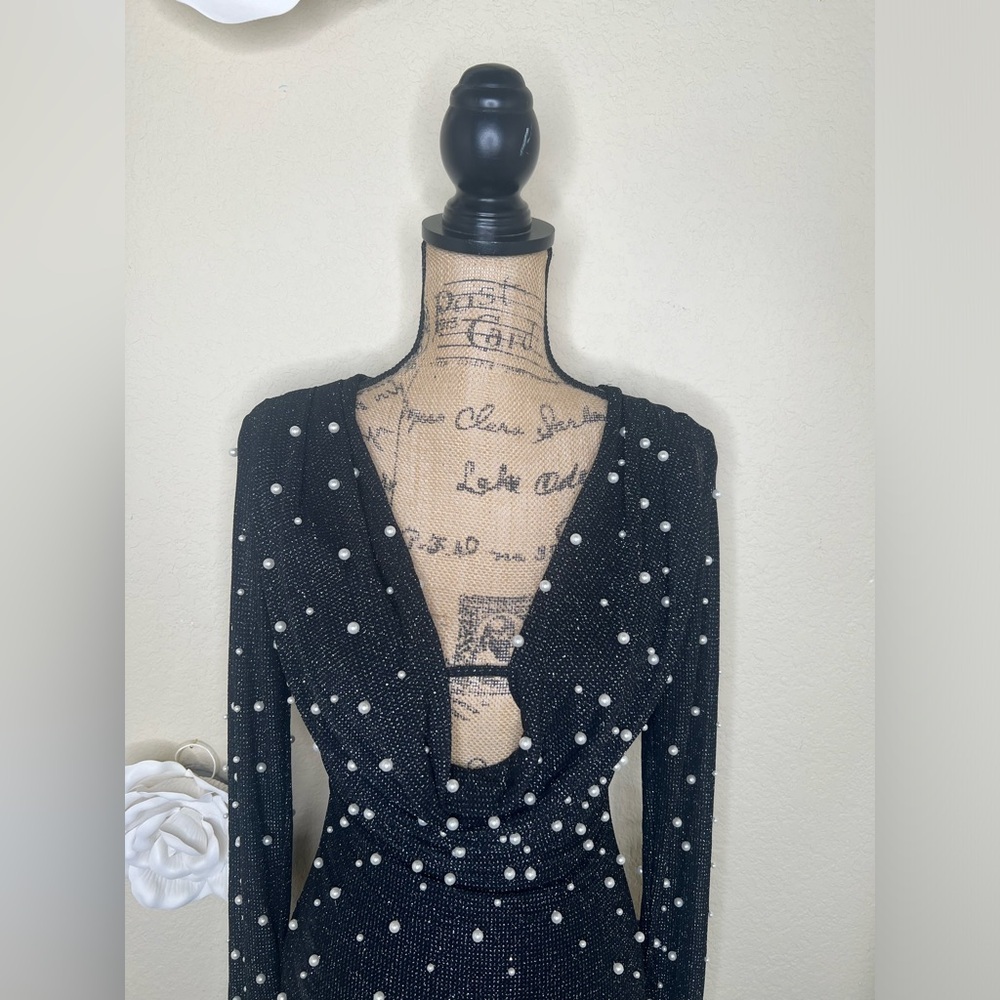 NTM: SHEIN Pearl Embellished Black Bodycon Mini Dress Long Sleeve Size Small - Picture 3 of 16